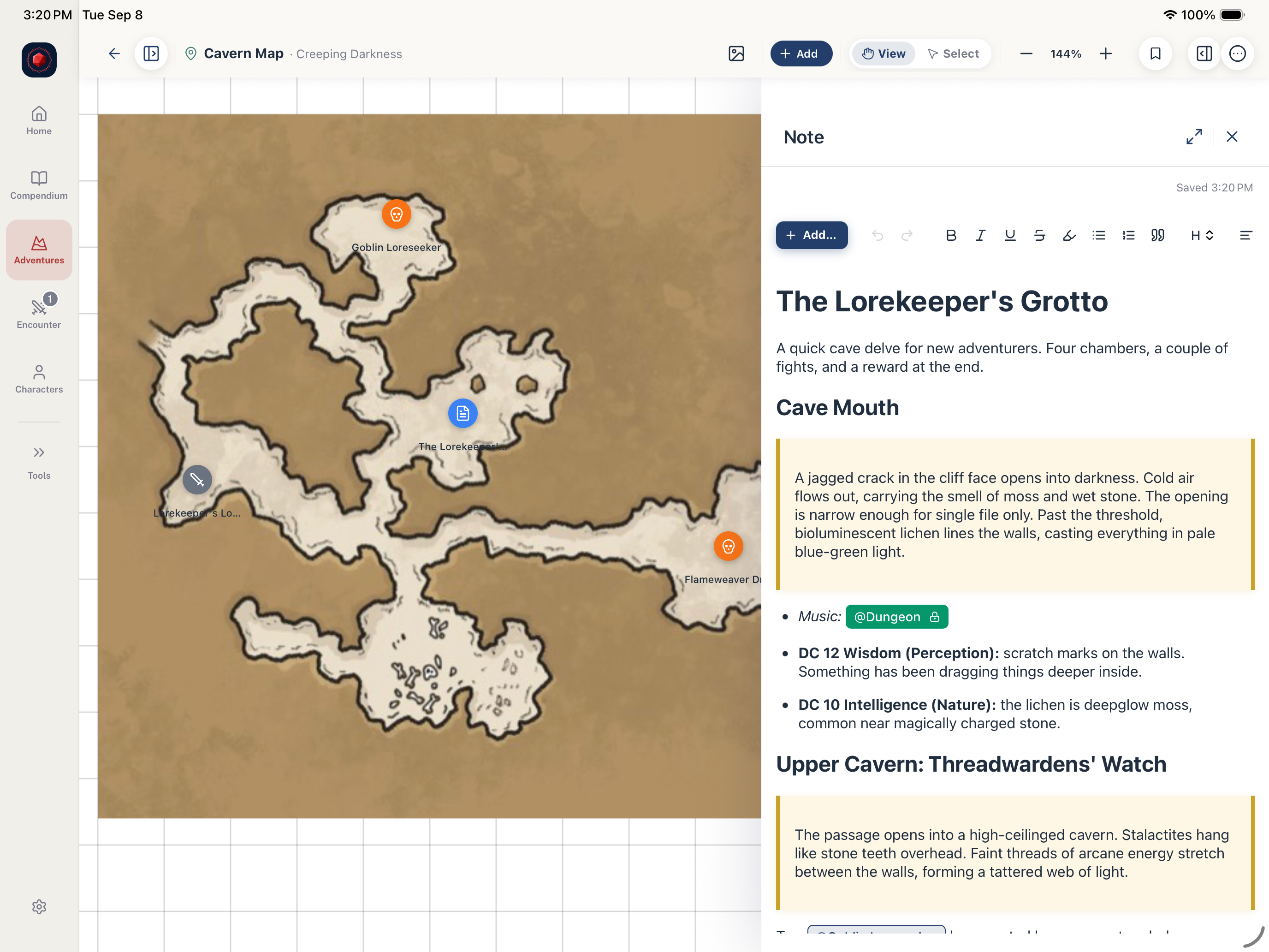 Questweaver tablet map editor with an interactive note overlay open
